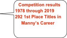 Competition results 1978 through 2019
292 1st Place Titles in   
     Manny’s Career